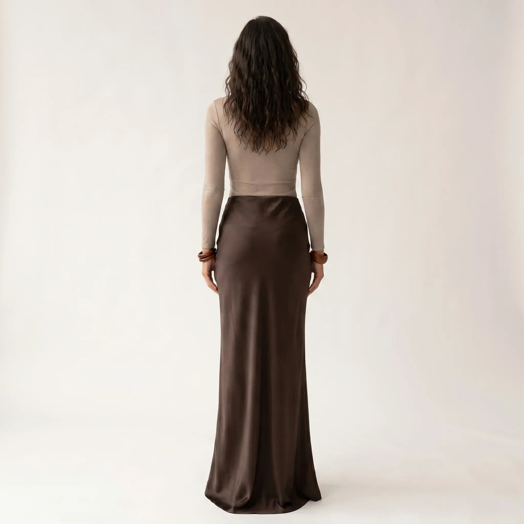 Women’s Chocolate Satin Maxi Skirt – Elegant High Waist Floor-Length Skirt-Skirts-SIENARAE-Brown-S-Sienarae
