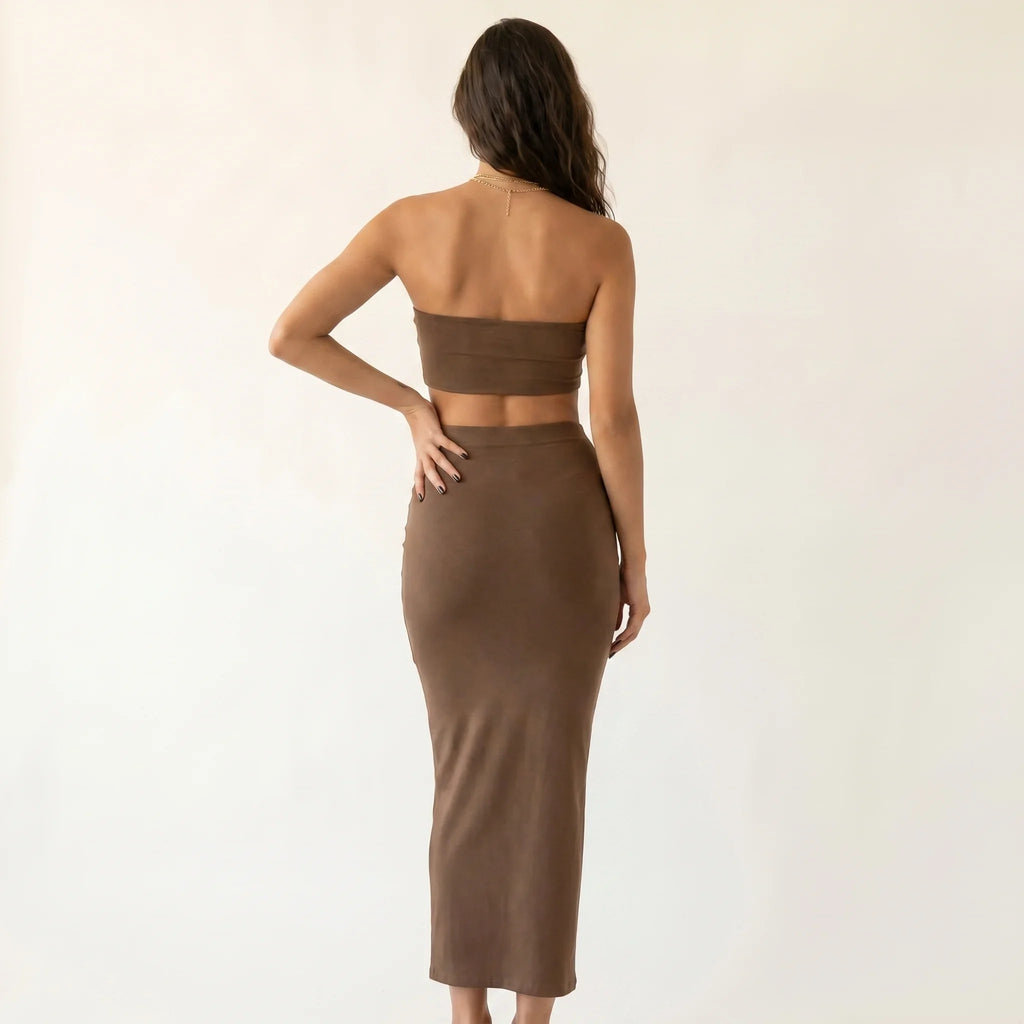 Women’s Strapless Two Piece Maxi Skirt Set – Elegant Tube Top Co-Ord Outfit-Two piece sets-SIENARAE-Brown-XS-Sienarae