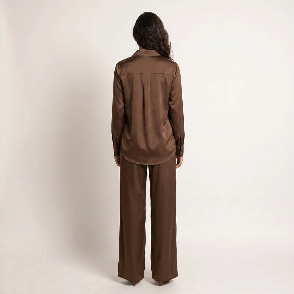 Women’s Satin Two-Piece Set – Button Shirt & Wide-Leg Trousers-Two piece sets-SIENARAE-Brown-S-Sienarae
