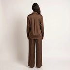 Women’s Satin Two-Piece Set – Button Shirt & Wide-Leg Trousers-Two piece sets-SIENARAE-Brown-S-Sienarae