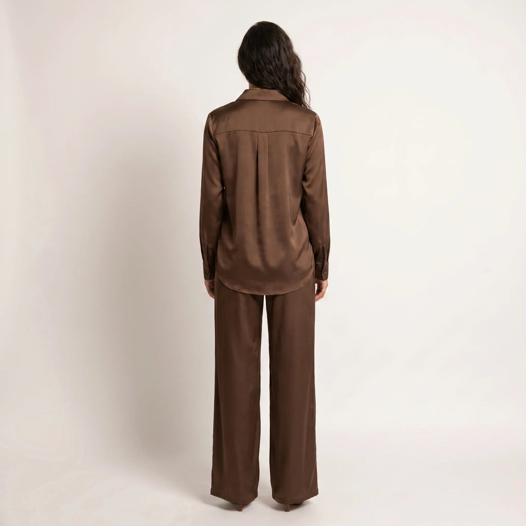 Women’s Satin Two-Piece Set – Button Shirt & Wide-Leg Trousers-Two piece sets-SIENARAE-Brown-S-Sienarae