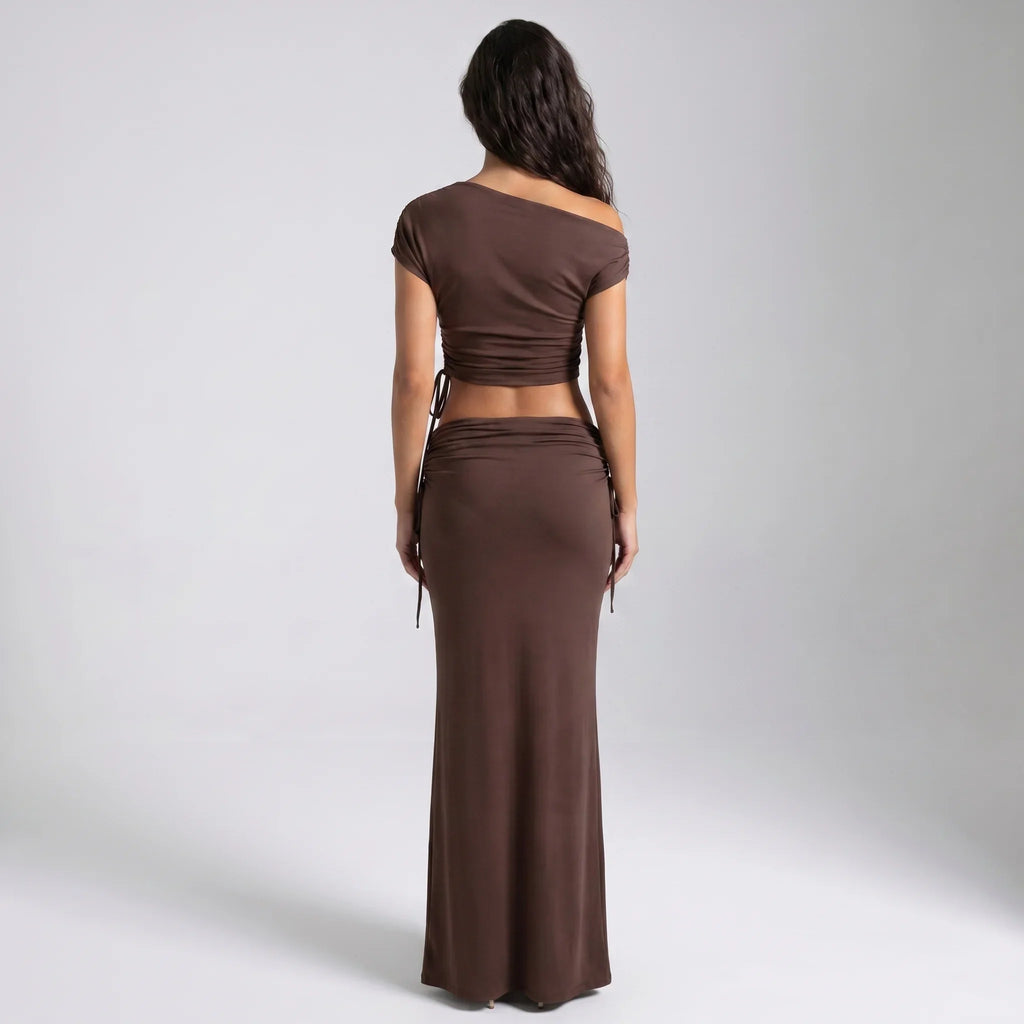 Women’s Off-Shoulder Ruched Maxi Skirt Set – Elegant Two Piece Co-Ord Outfit-Two piece sets-SIENARAE-Brown-S-Sienarae