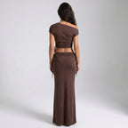 Women’s Off-Shoulder Ruched Maxi Skirt Set – Elegant Two Piece Co-Ord Outfit-Two piece sets-SIENARAE-Brown-S-Sienarae