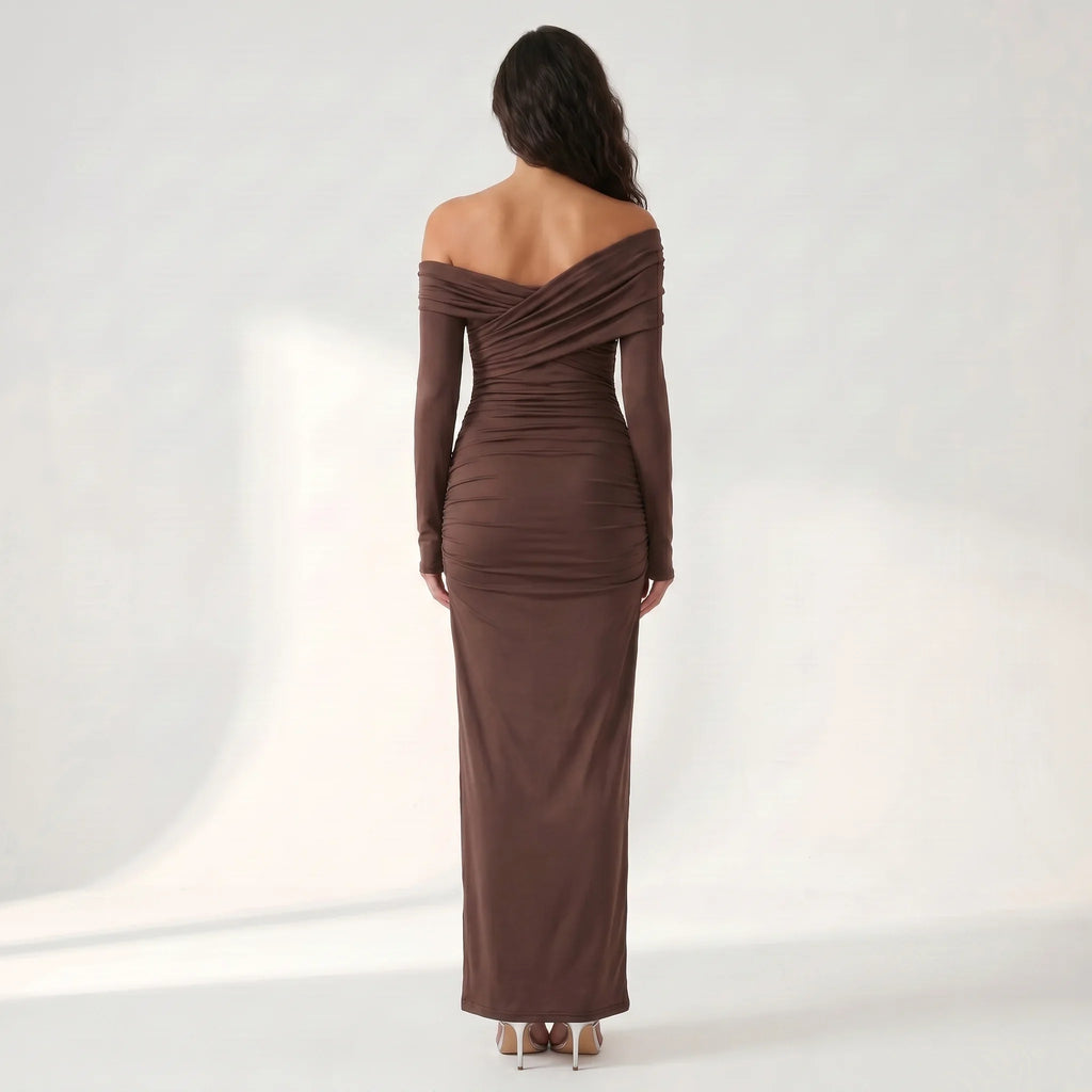 Women’s Chocolate One-Shoulder Maxi Dress – Ruched Long Sleeve Evening Gown-Dresses-SIENARAE-Brown-XS-Sienarae