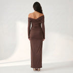 Women’s Chocolate One-Shoulder Maxi Dress – Ruched Long Sleeve Evening Gown-Dresses-SIENARAE-Brown-XS-Sienarae