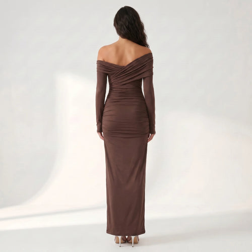 Women’s Chocolate One-Shoulder Maxi Dress – Ruched Long Sleeve Evening Gown-Dresses-CAMOUFIT-Brown-XS-Sienarae