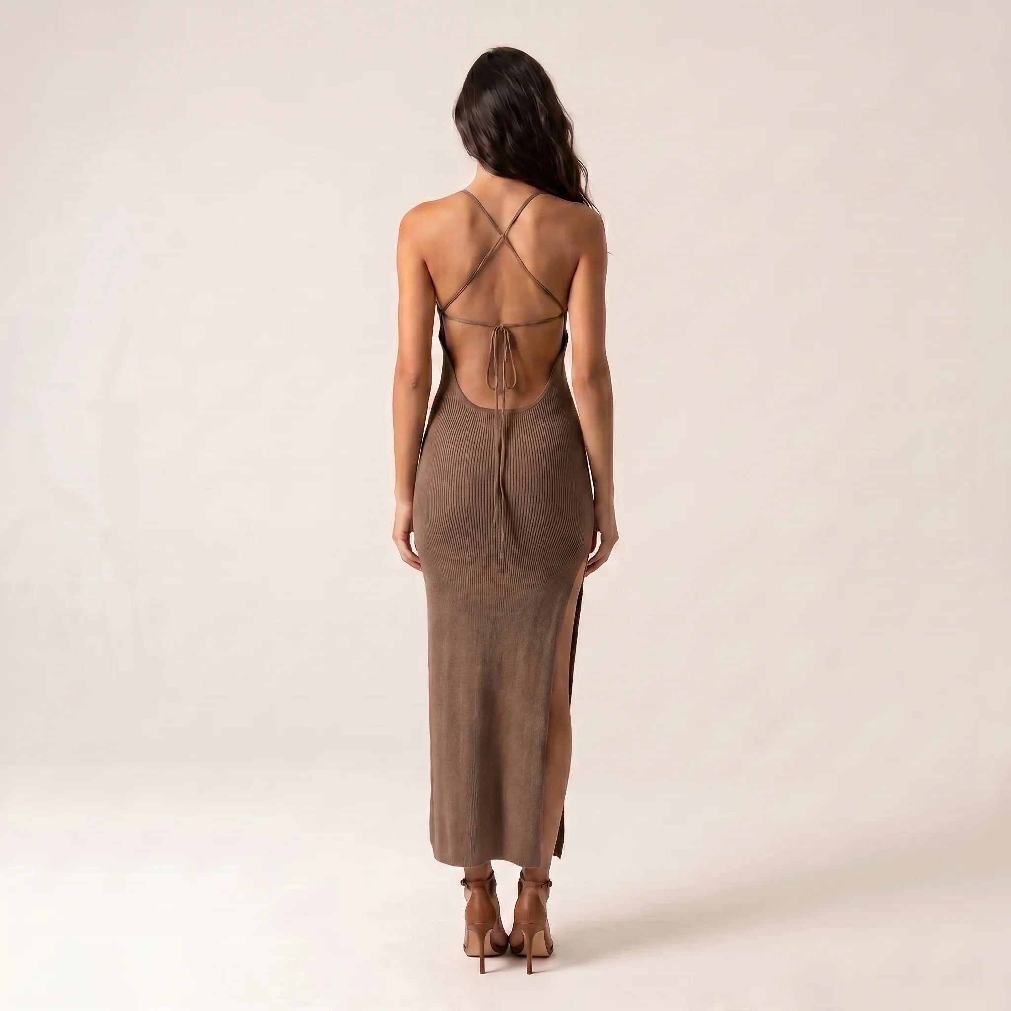 Women’s Mocha Backless Knit Maxi Dress – Sleeveless V-Neck Side Split Evening Dress-Dresses-SIENARAE-Mocha-S-Sienarae