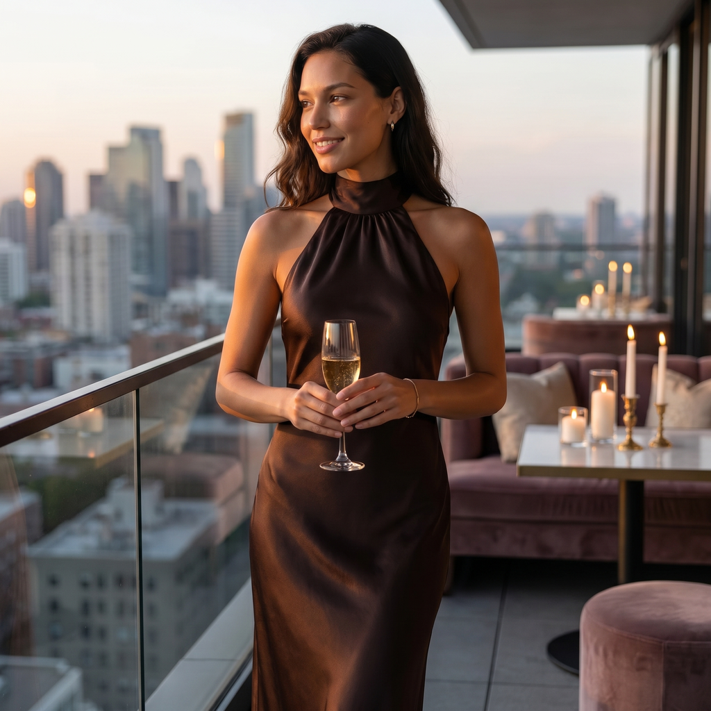 Women's Satin Halter Maxi Dress – Elegant Sleeveless Evening Dress-Dresses-SIENARAE-Dark Brown-XS-Sienarae