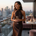 Women's Satin Halter Maxi Dress – Elegant Sleeveless Evening Dress-Dresses-SIENARAE-Dark Brown-XS-Sienarae