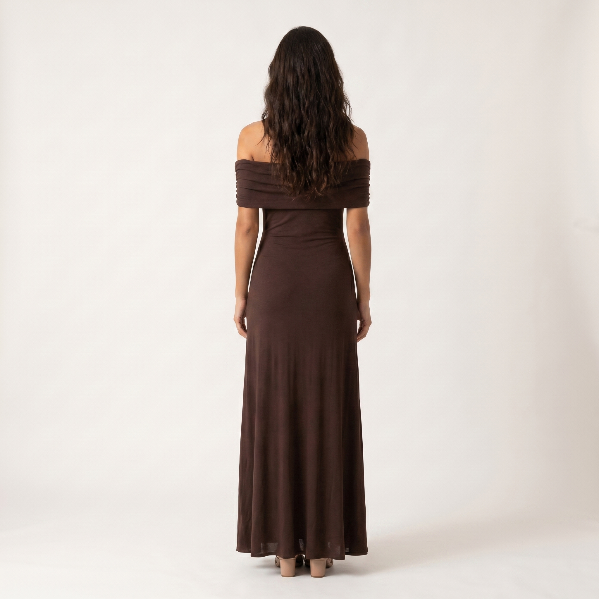 Women’s Off-Shoulder Maxi Dress – Elegant Pleated Evening Dress-Dresses-SIENARAE-Dark Brown-S-Sienarae