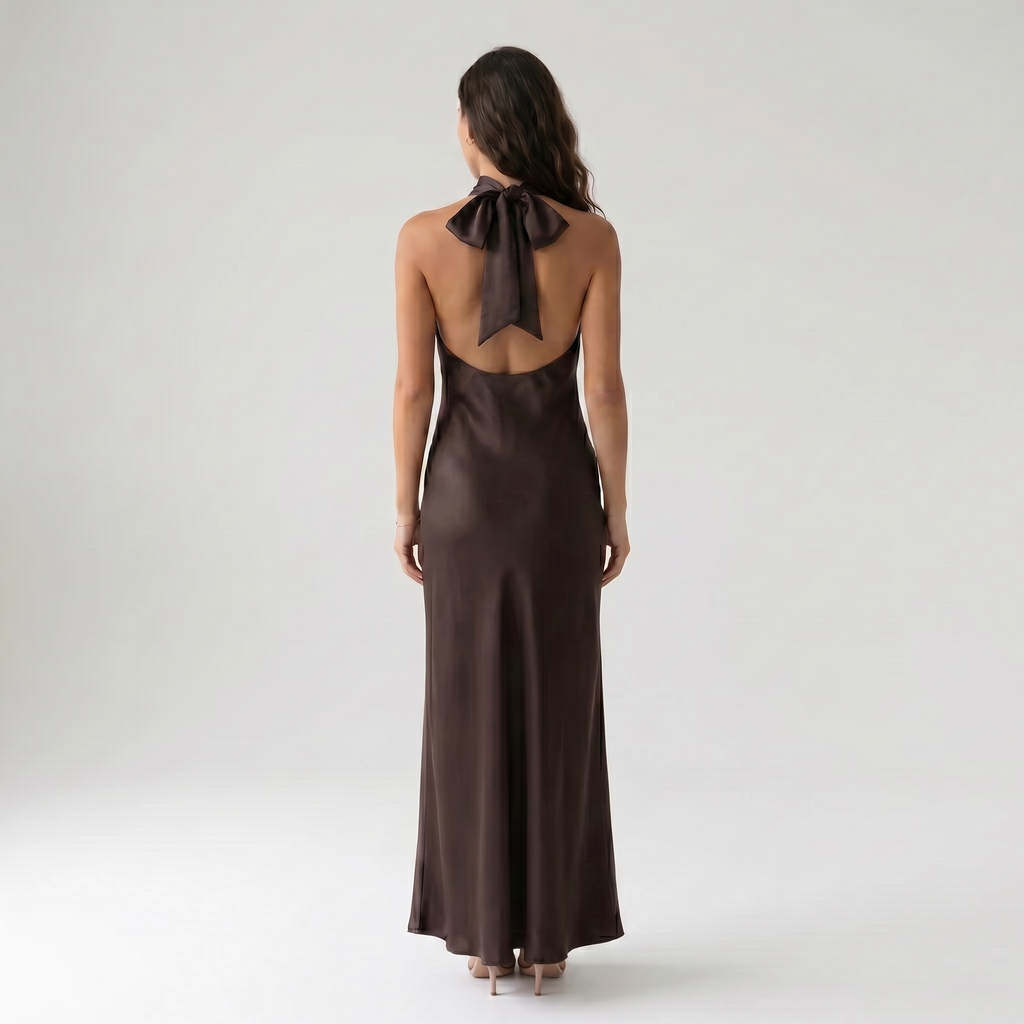 Women's Satin Halter Maxi Dress – Elegant Sleeveless Evening Dress-Dresses-SIENARAE-Dark Brown-XS-Sienarae