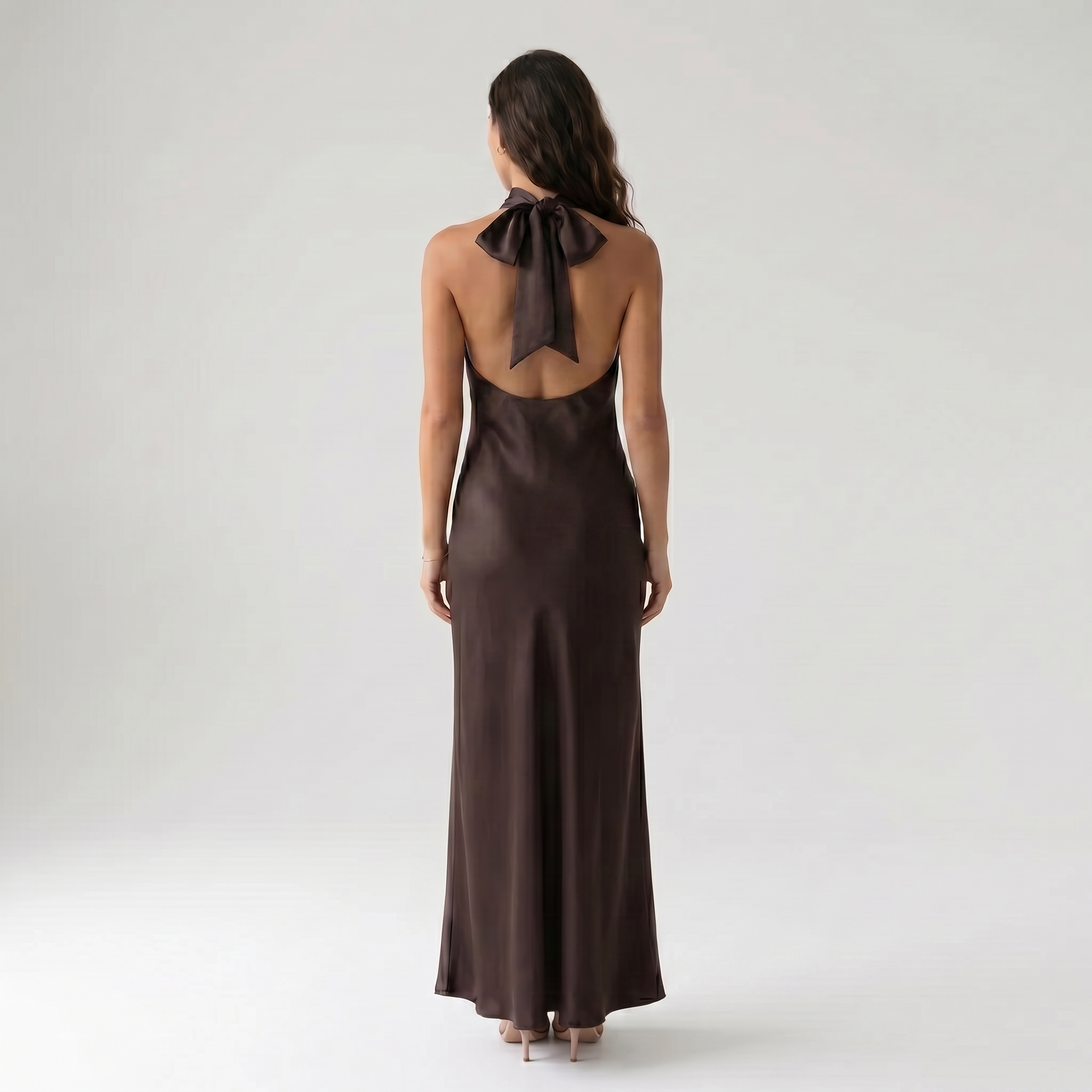 Women's Satin Halter Maxi Dress – Elegant Sleeveless Evening Dress-Dresses-SIENARAE-Dark Brown-XS-Sienarae